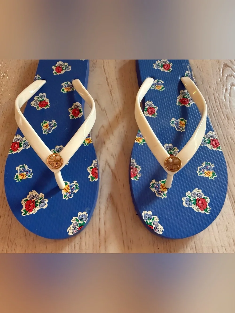 Tory Burch Blue Floral Flip Flops with White Straps